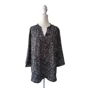 Gaharu Women's Size XL Black White Floral Split Neck 3/4 Sleeve Tunic Blouse Top